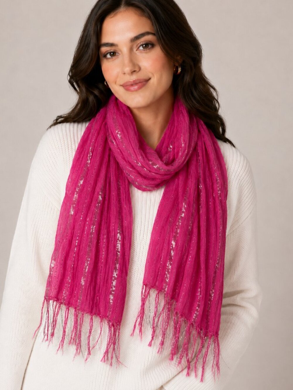 3/$20 Bundle 🌈 Fuchsia Magenta Metallic Silver Stripe Crinkle Fringe Scarf